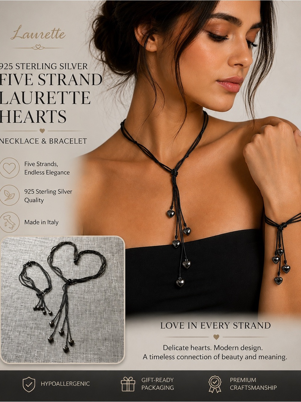 925 Sterling Silver Five Strand Laurette Hearts Italy Necklace & Bracelet